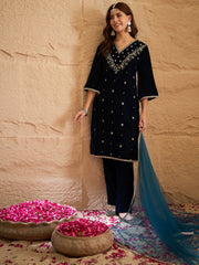 Rama Blue Velvet Kurta, Pant and Dupatta Set
