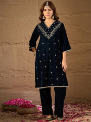 Rama Blue Velvet Kurta, Pant and Dupatta Set