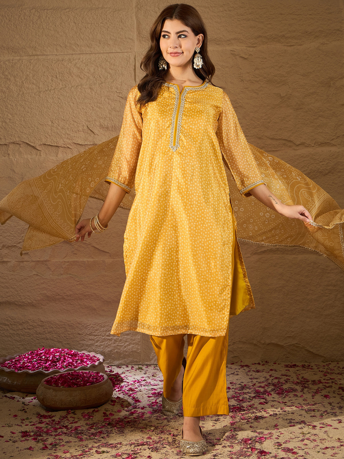 Mustard Yellow Bandhani Printed Kurta, Pant and Dupatta Set