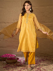 Mustard Yellow Bandhani Printed Kurta, Pant and Dupatta Set