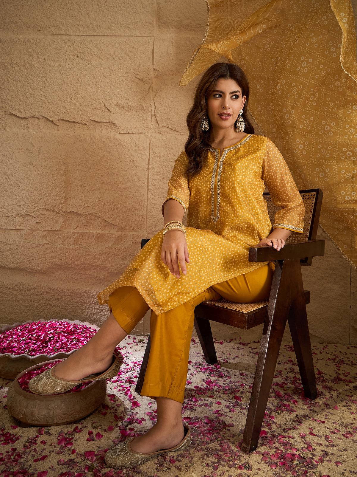 Mustard Yellow Bandhani Printed Kurta, Pant and Dupatta Set