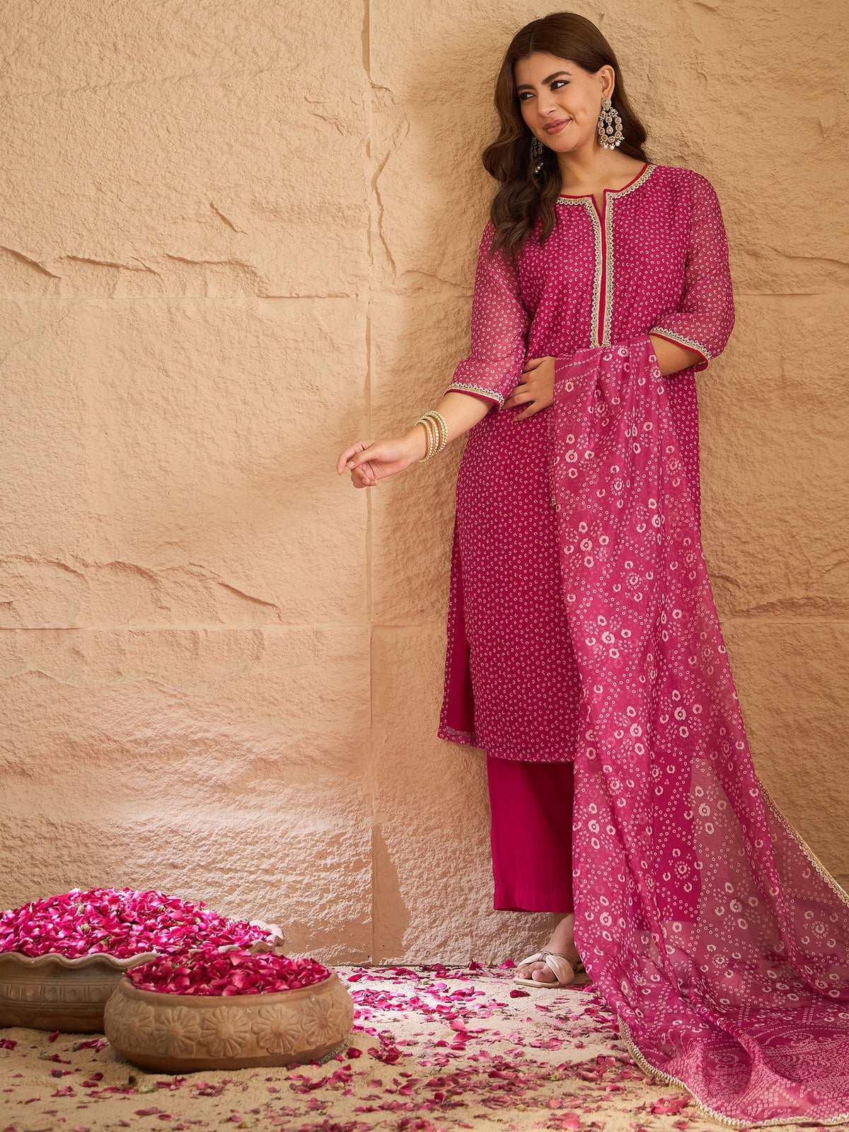 Dark Pink Bandhani Printed Kurta, Pant and Dupatta Set
