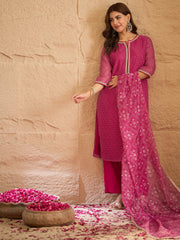 Dark Pink Bandhani Printed Kurta, Pant and Dupatta Set