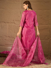 Dark Pink Bandhani Printed Kurta, Pant and Dupatta Set