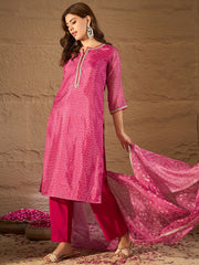 Dark Pink Bandhani Printed Kurta, Pant and Dupatta Set