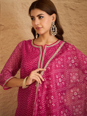 Dark Pink Bandhani Printed Kurta, Pant and Dupatta Set