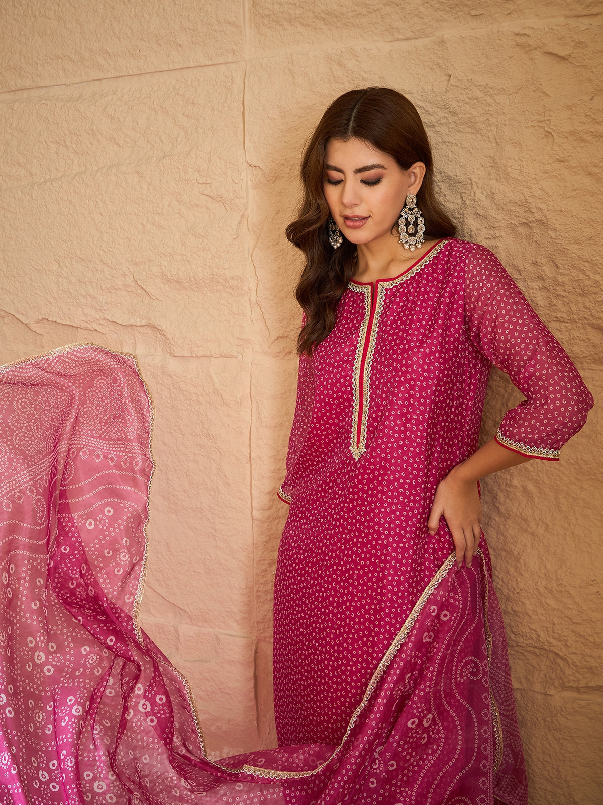 Dark Pink Bandhani Printed Kurta, Pant and Dupatta Set