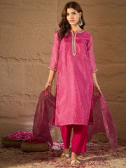 Dark Pink Bandhani Printed Kurta, Pant and Dupatta Set