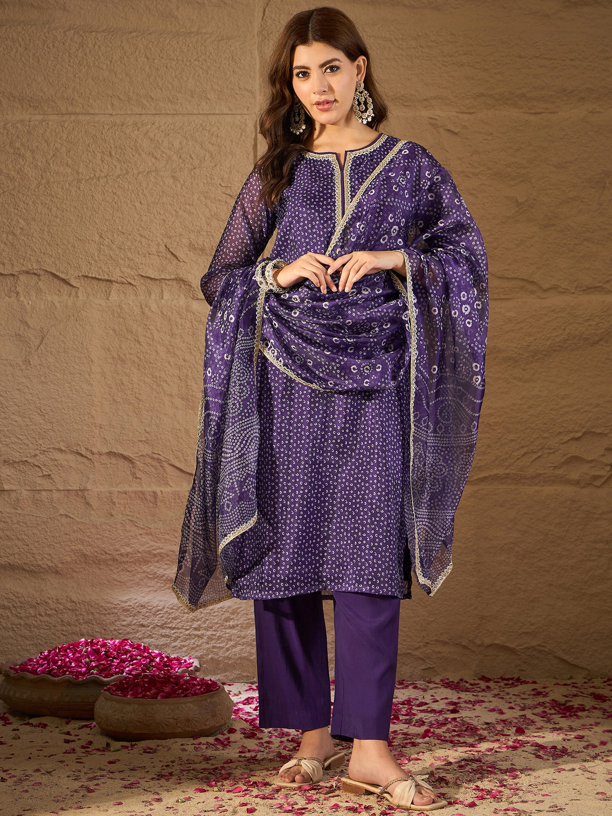Purple Bandhani Printed Kurta, Pant and Dupatta Set