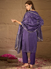 Purple Bandhani Printed Kurta, Pant and Dupatta Set