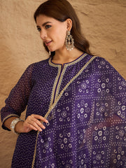 Purple Bandhani Printed Kurta, Pant and Dupatta Set