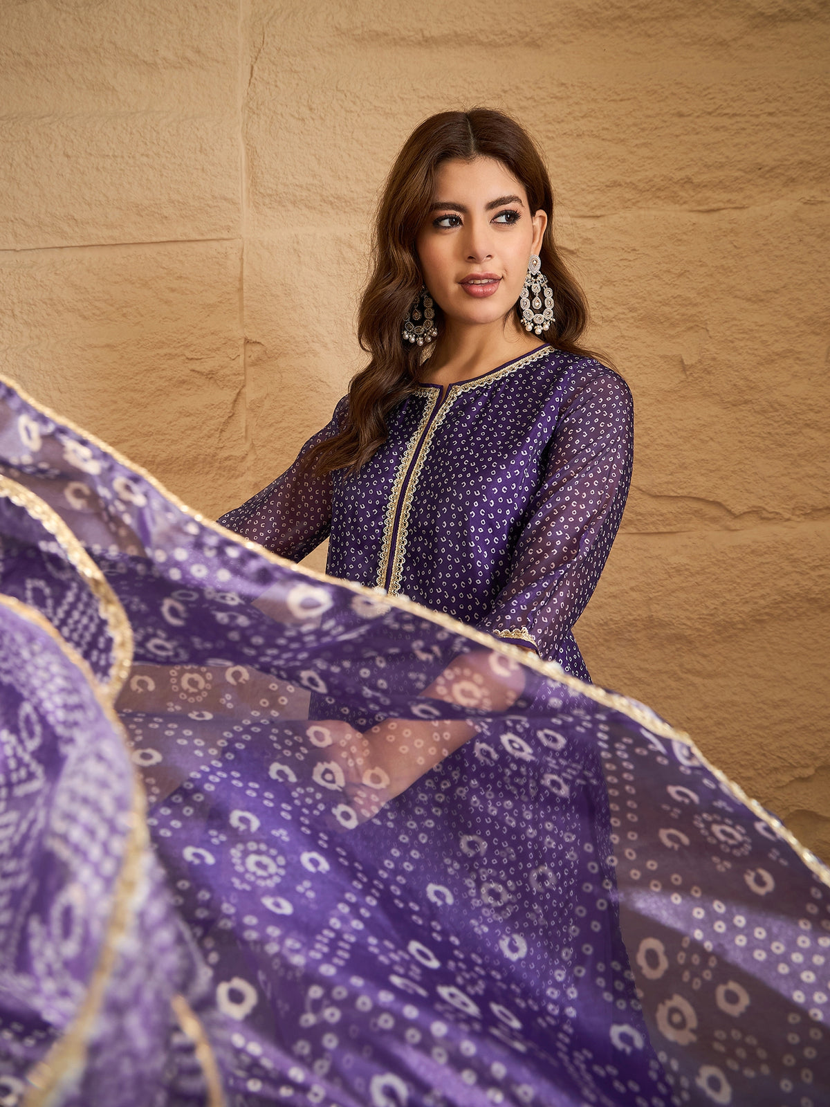 Purple Bandhani Printed Kurta, Pant and Dupatta Set