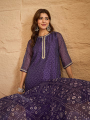 Purple Bandhani Printed Kurta, Pant and Dupatta Set