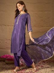 Purple Bandhani Printed Kurta, Pant and Dupatta Set