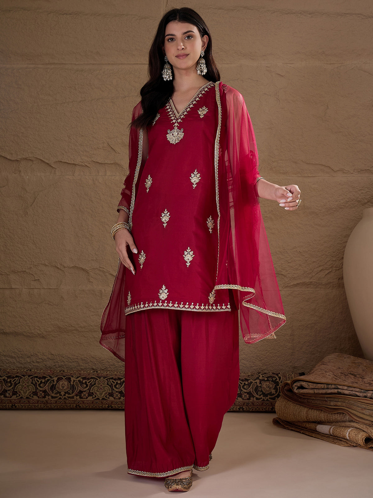 Wine Red Embroidered Kurta Palazzo Set with Organza Dupatta for Women