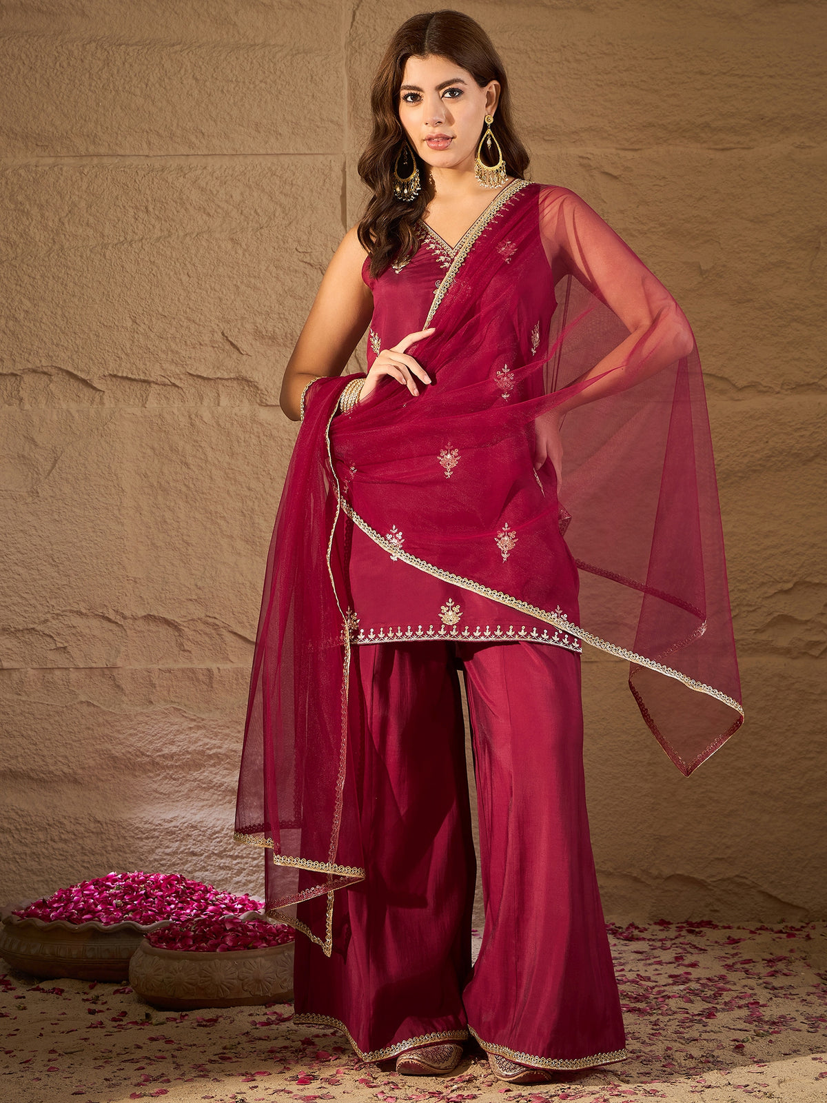 Wine Red Embroidered Kurta Palazzo Set with Organza Dupatta for Women
