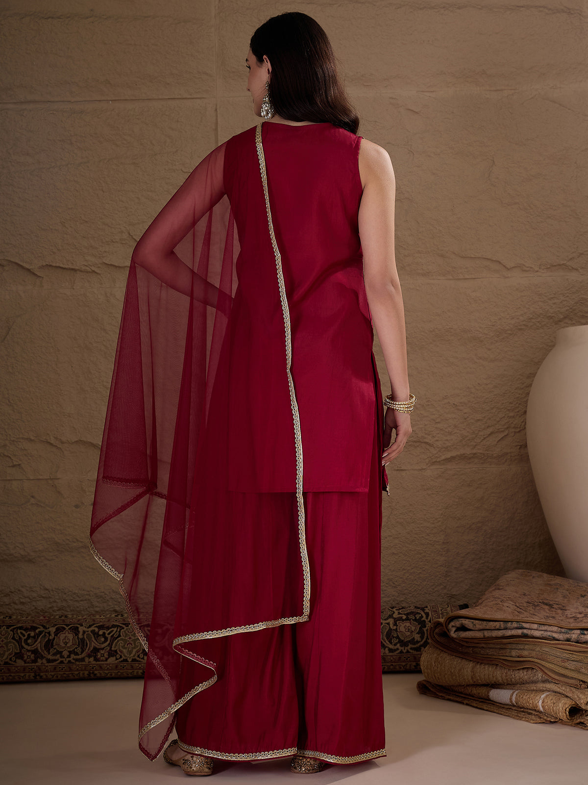 Wine Red Embroidered Kurta Palazzo Set with Organza Dupatta for Women