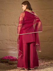 Wine Red Embroidered Kurta Palazzo Set with Organza Dupatta for Women