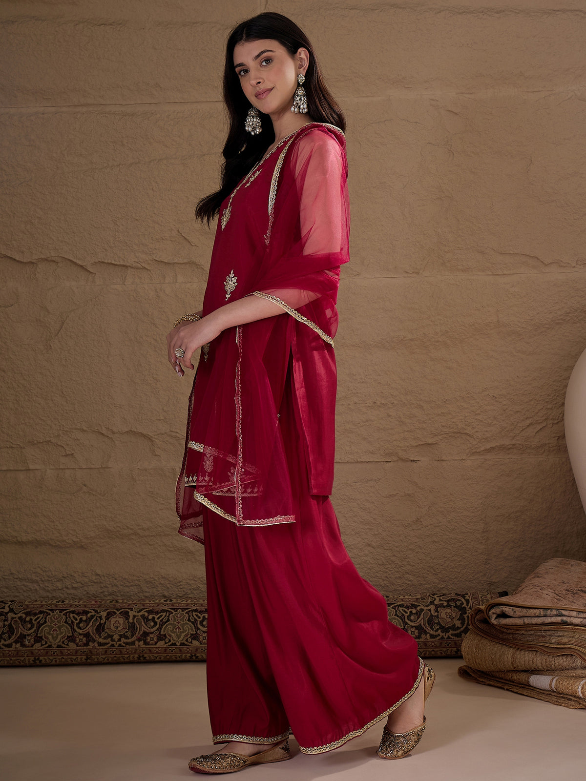 Wine Red Embroidered Kurta Palazzo Set with Organza Dupatta for Women