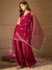 Wine Red Embroidered Kurta Palazzo Set with Organza Dupatta for Women