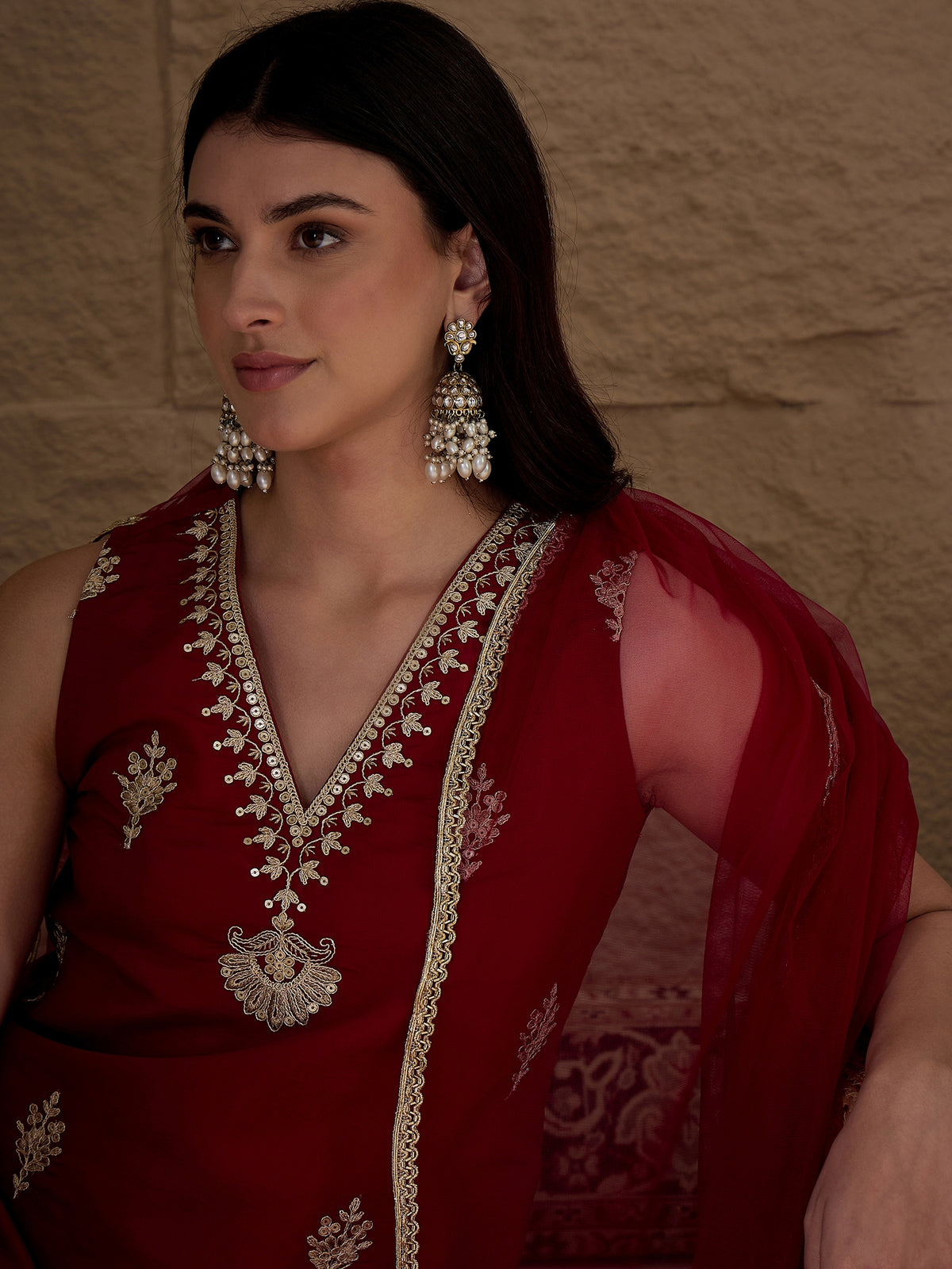 Wine Red Embroidered Kurta Palazzo Set with Organza Dupatta for Women