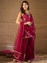 Wine Red Embroidered Kurta Palazzo Set with Organza Dupatta for Women