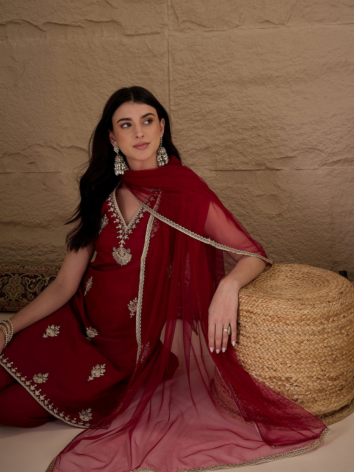 Wine Red Embroidered Kurta Palazzo Set with Organza Dupatta for Women