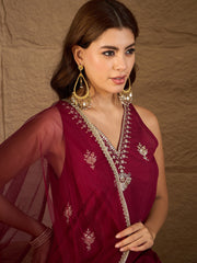 Wine Red Embroidered Kurta Palazzo Set with Organza Dupatta for Women