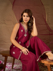 Wine Red Embroidered Kurta Palazzo Set with Organza Dupatta for Women