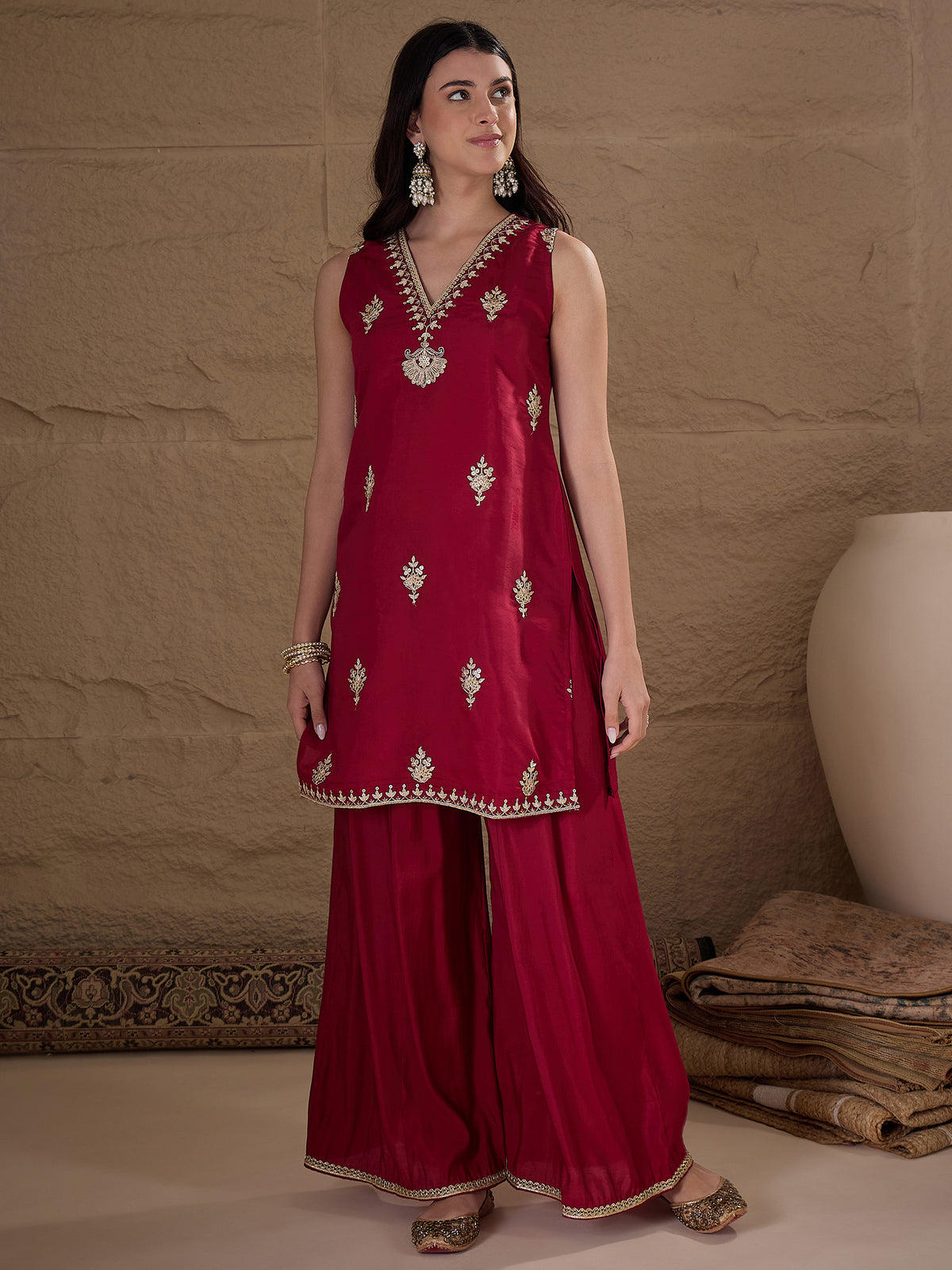 Wine Red Embroidered Kurta Palazzo Set with Organza Dupatta for Women