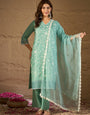 Mint Green Embroidered Kurta Set with Organza Dupatta – Elegant Ethnic Wear for Women