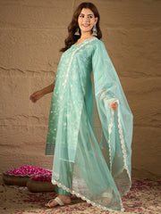 Mint Green Embroidered Kurta Set with Organza Dupatta – Elegant Ethnic Wear for Women
