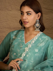 Mint Green Embroidered Kurta Set with Organza Dupatta – Elegant Ethnic Wear for Women
