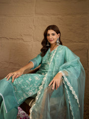 Mint Green Embroidered Kurta Set with Organza Dupatta – Elegant Ethnic Wear for Women