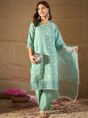 Mint Green Embroidered Kurta Set with Organza Dupatta – Elegant Ethnic Wear for Women
