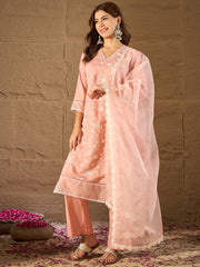 Peach Embroidered Kurta Set with Organza Dupatta – Elegant Pastel Ethnic Wear for Women