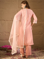 Peach Embroidered Kurta Set with Organza Dupatta – Elegant Pastel Ethnic Wear for Women