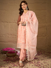 Peach Embroidered Kurta Set with Organza Dupatta – Elegant Pastel Ethnic Wear for Women