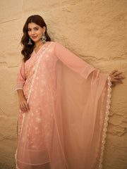 Peach Embroidered Kurta Set with Organza Dupatta – Elegant Pastel Ethnic Wear for Women