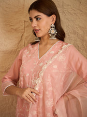 Peach Embroidered Kurta Set with Organza Dupatta – Elegant Pastel Ethnic Wear for Women