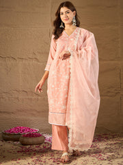 Peach Embroidered Kurta Set with Organza Dupatta – Elegant Pastel Ethnic Wear for Women