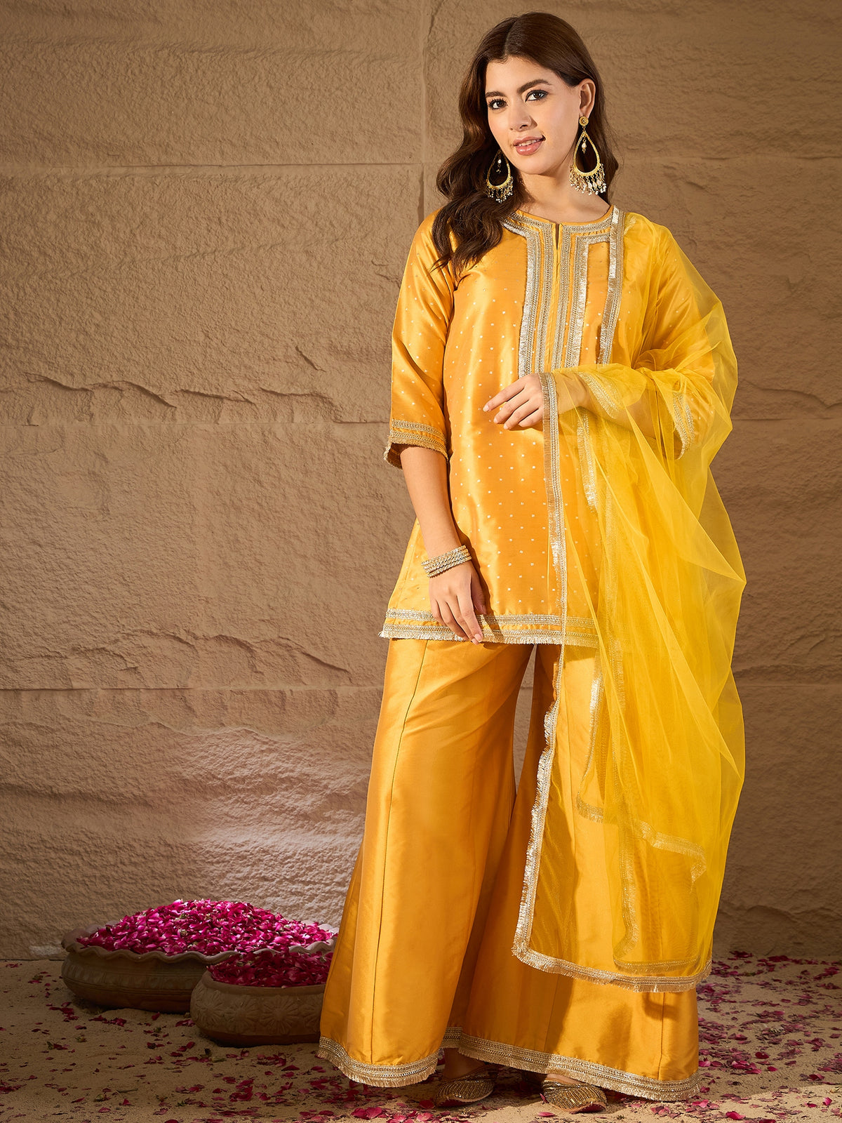 Mustard Yellow Embroidered Kurta Set with Palazzo & Dupatta for Women | Festive Ethnic Wear