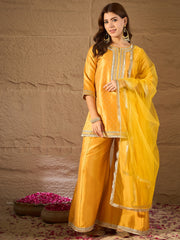 Mustard Yellow Embroidered Kurta Set with Palazzo & Dupatta for Women | Festive Ethnic Wear