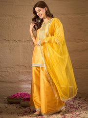 Mustard Yellow Embroidered Kurta Set with Palazzo & Dupatta for Women | Festive Ethnic Wear