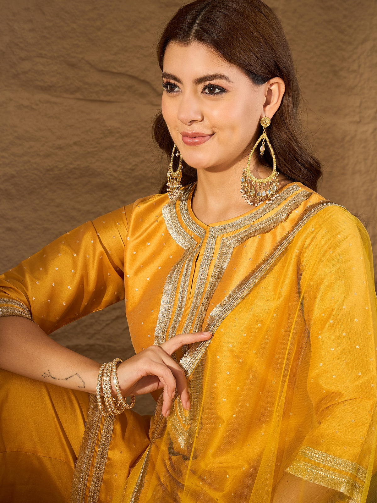 Mustard Yellow Embroidered Kurta Set with Palazzo & Dupatta for Women | Festive Ethnic Wear