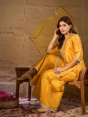 Mustard Yellow Embroidered Kurta Set with Palazzo & Dupatta for Women | Festive Ethnic Wear