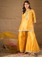 Mustard Yellow Embroidered Kurta Set with Palazzo & Dupatta for Women | Festive Ethnic Wear
