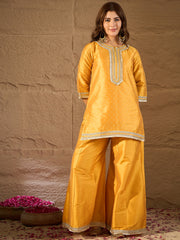 Mustard Yellow Embroidered Kurta Set with Palazzo & Dupatta for Women | Festive Ethnic Wear