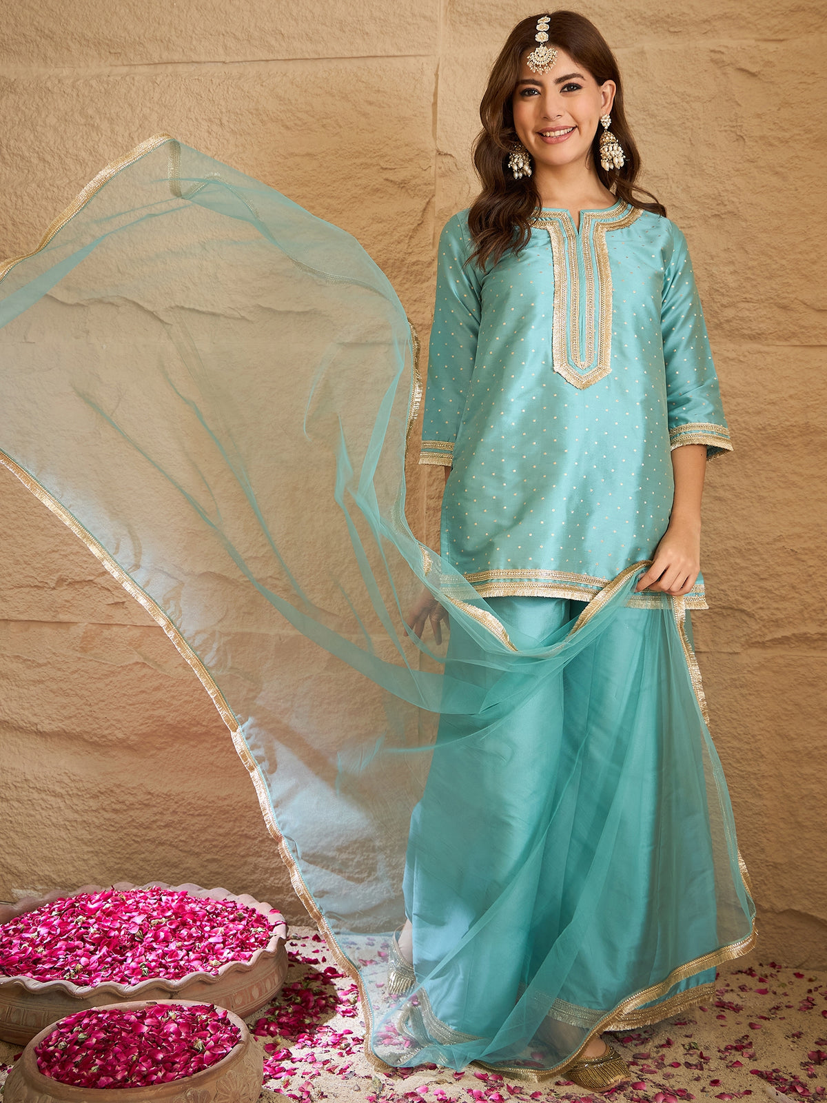 Sky Blue Embroidered Kurta Set with Organza Dupatta – Elegant Festive Ethnic Wear for Women