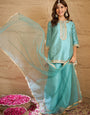 Sky Blue Embroidered Kurta Set with Organza Dupatta – Elegant Festive Ethnic Wear for Women